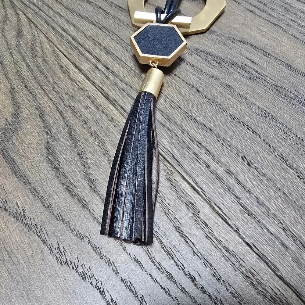 Brooks Brothers Hexagonal Black Leather & Gold Large Statement Necklace Pair